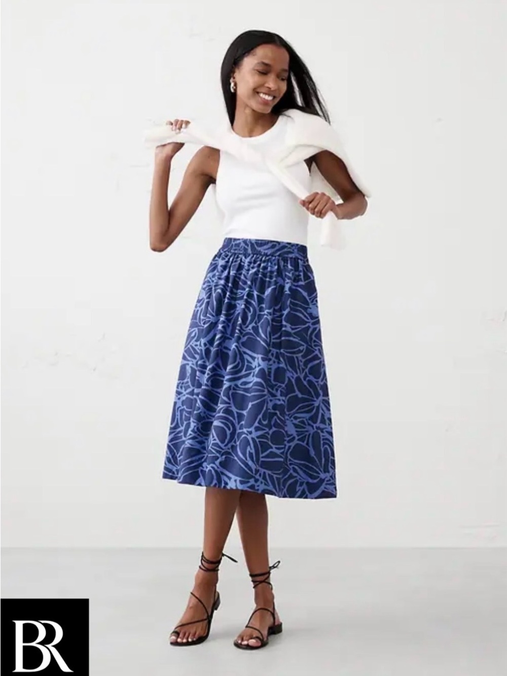 Banana Republic Factory Blue Floral-Print Midi Skirt